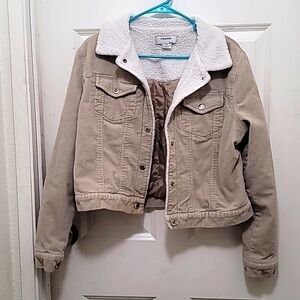 Finesse Corduroy Trucker Jacket Womens XL Tan Beige Sherpa Collar Crop Jacket
